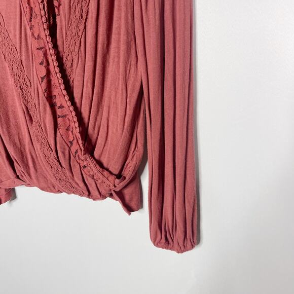 Francescas Alya Pink Mauve Medium M Lace Long Sleeve Wrap Top Blouse Jersey - Picture 4 of 7